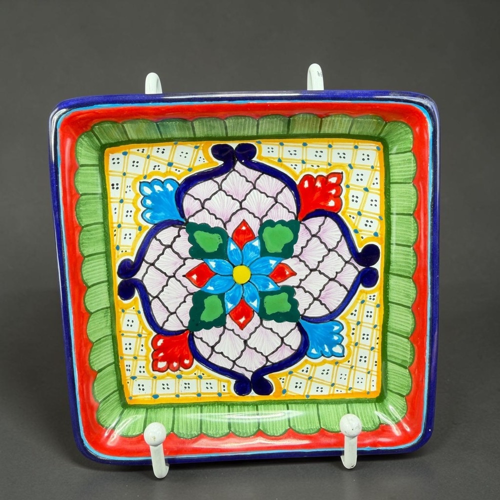 Hernandez Talavera Pottery Square Plate Hand Painted Puebla‎ Mexico Floral 5inch
